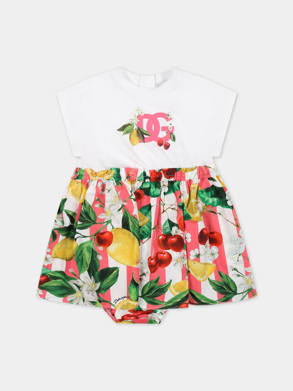 White dress for baby girl with all-over multicolor fruits and flowers